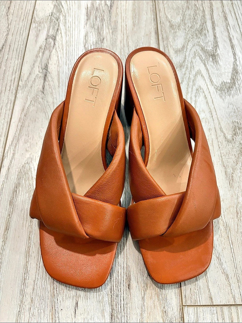 LOFT Brown Leather Puffed Twist Strap Block Heeled Sandals